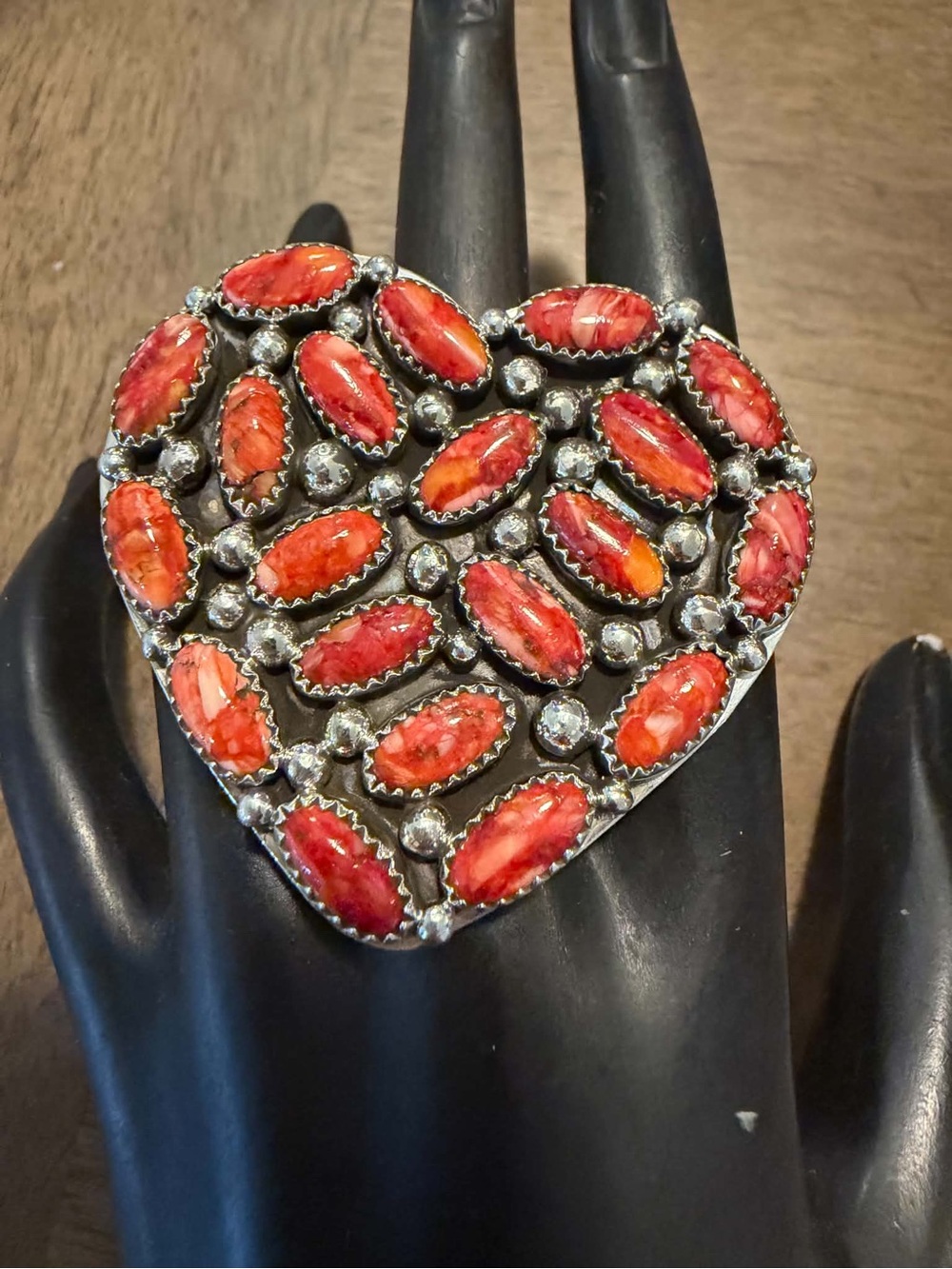 Navajo sterling silver adjustable red spiny oyster heart ring